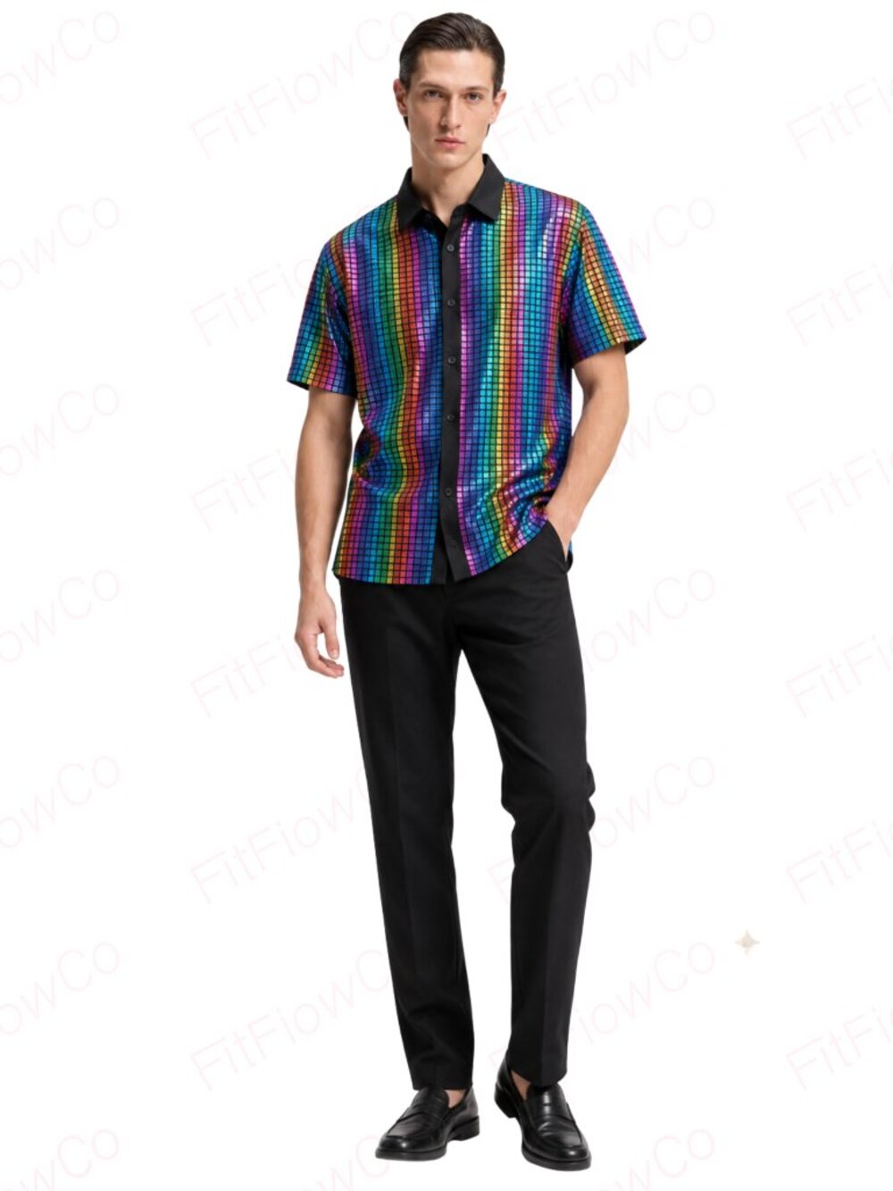 JOGAL Men's XL Holographic Rainbow Disco Rave Party Button Down Shirt